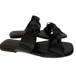 Aminah Abdul Jillil Jody Bow Flat Sandals Black Patent Leather Square Toe 9 NWB9